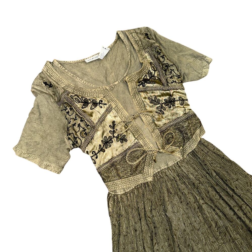 Vintage 100% Rayon Olive Embroidered Boho Lagenlook Prairie Maxi Dress S/M - Picture 4 of 10